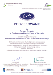Podziękowanie dla Barbary Borowicz za szczególne zaangażowanie w prace Małopolskiego Partnerstwa na rzecz Kształcenia Ustawicznego od WUP Kraków