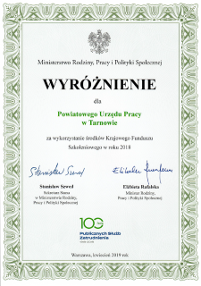Wyróżnienie dla PUP w Tarnowie za wykorzystanie środków Krajowego Funduszu Szkoleniowego w roku 2018