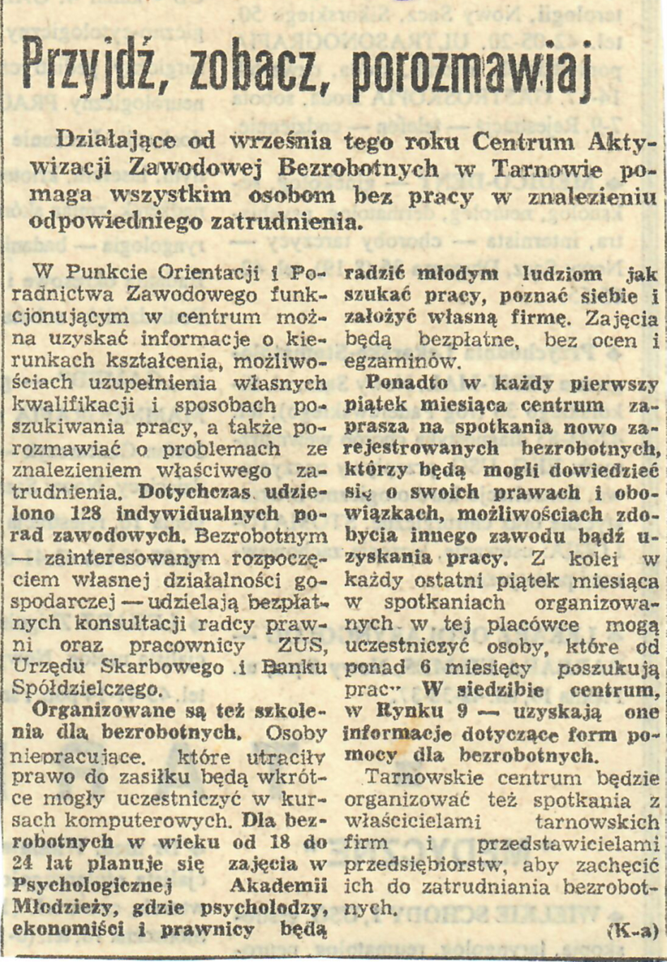 Artykuł z gazety dotyczący Tarnowskiego Centrum Aktywizacji Zawodowej Bezrobotnych