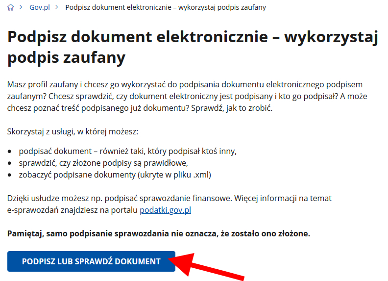 Instrukcja podpisania umowy profilem zaufanym-  zrzut ekranu