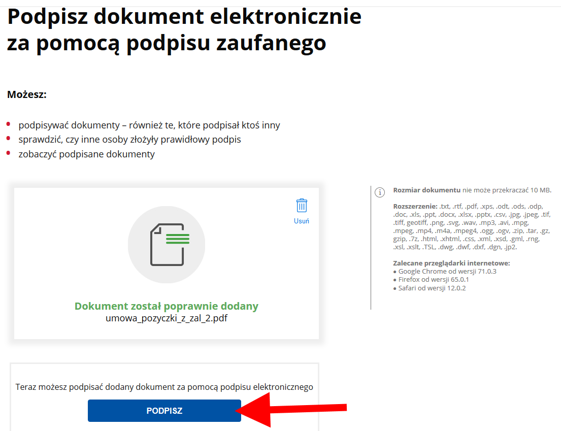 Instrukcja podpisania umowy profilem zaufanym-  zrzut ekranu