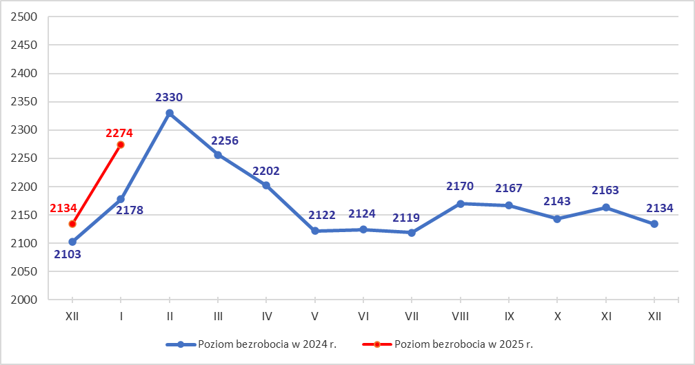 Wykres liniowy przedstawiający liczbę bezrobotnych w Tarnowie w 2024 roku