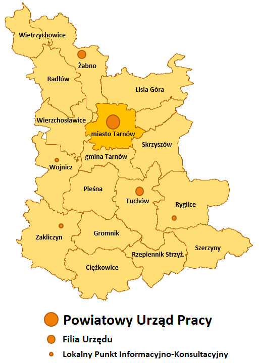 Mapa obszaru objętego działaniem Powiatowego Urzędu Pracy w Tarnowie