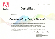 04_Certyfikat dla PUP Tarnów stwierdzający zgodność stosowania oprogramowania z umową licencyjną Adobe wydany przez firmę Response Sp. z o.o..png