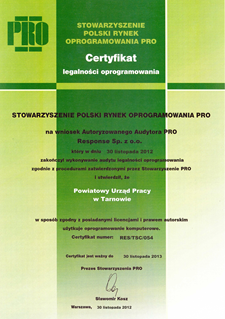 05_Certyfikat dla PUP Tarnów  potwierdzający legalność oprogamowania od stowarzyszenia PRO.png