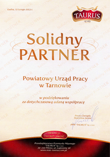 07_Podziekowanie dla PUP Tarnów jako solidnego partnera i udaną wsółpracę od firmy Taurus.png
