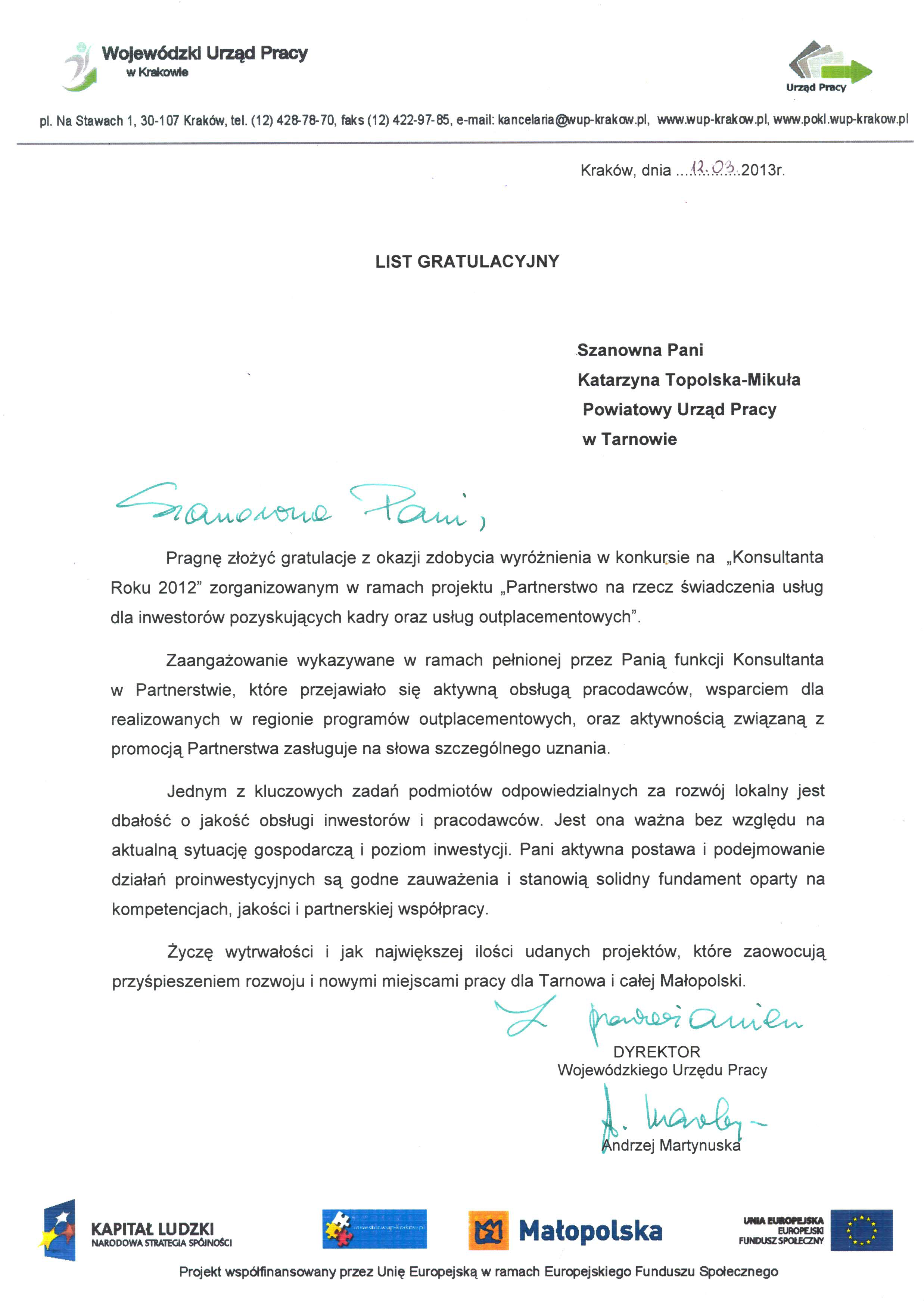 List gratulacyjny dla Katarzyny Topolska-Mikula za zdobycie wyróżnienia w ramach projektu Partnerstwa na rzecz świadczenia usług dla inwestorów poszukujących kadry oraz usług outplacementowych od WUP Kraków
