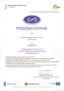 10_Podziekowanie dla PUP Tarnów za dzałalność w Małopolskim Partnerswie na rzecz Kształcenia Ustawicznego od WUP Kraków.png