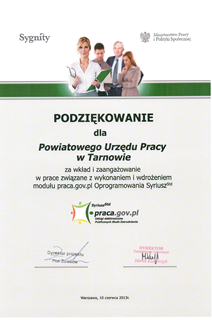 11_Podziekowanie dla PUP Tarnów za wkład i zaangażowanie w prace wdrożeniowe Modułu praca_gov_pl Oprogramowania Syriusz sdt.png
