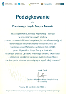 23_Podziękowanie dla PUP Tarnów za zaangażowanie w ramach projektu Budowa krajowego systemu kwalifikacji.png