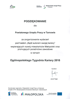 27_Podziękowanie dla PUP Tarnów za organizację wydarzeń Bądź autorem swojej kariery OTK 2016.png