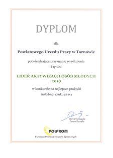 33_Dyplom Lidera Aktywizacji osób młodych 2018 dla PUP Tarnów.png